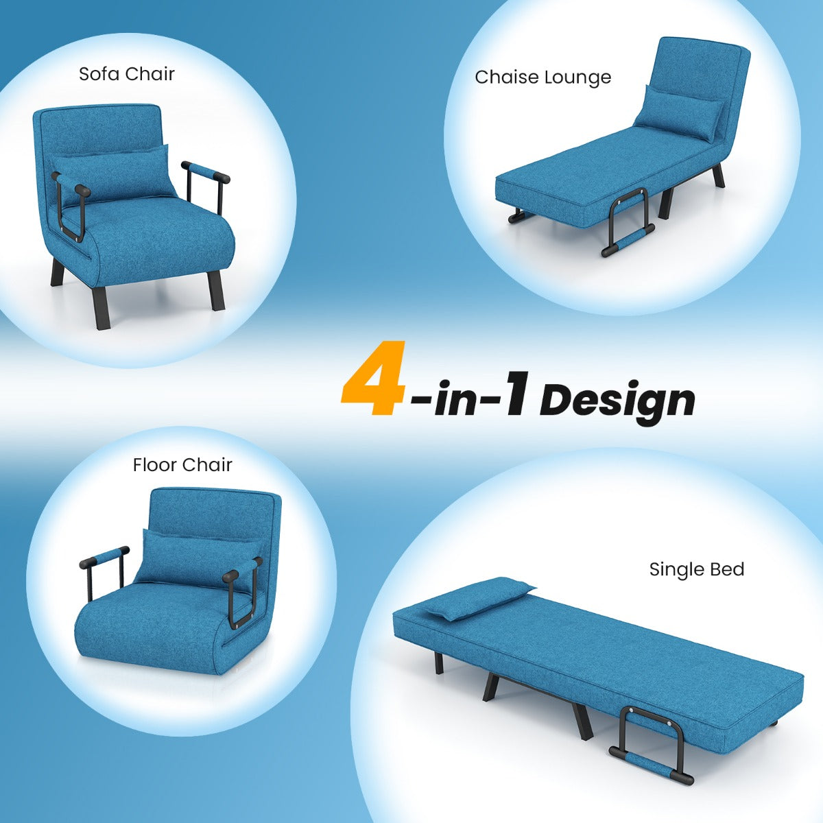 LIVSK Verstelbare Slaapstoel - Inklapbaar 4-in-1 Design - Hoogwaardig Linnen - 79 x 65 x 79 cm - Comfortabel - Blauw