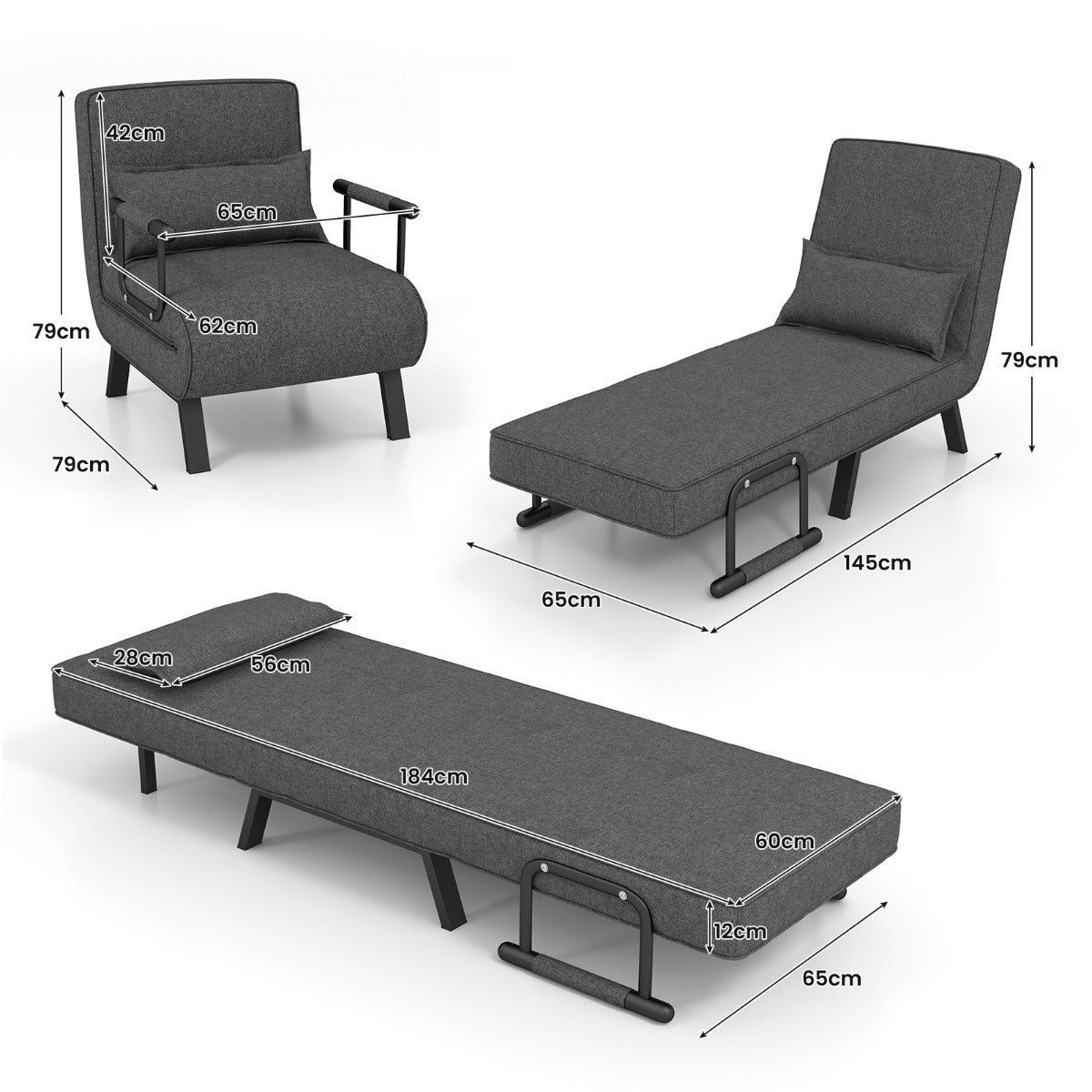 LIVSK 4-in-1 Slaapstoel Donkergrijs - Inklapbaar - 6-voudig Verstelbare Rugleuning - Comfortabel Kussen - Multifunctioneel