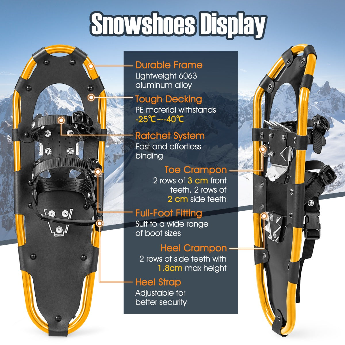 LIVSK Sneeuwschoenen Set - Robuust Aluminium - Lichtgewicht - Verstelbare Trekkingstokken - Tot -40℃ - Goud