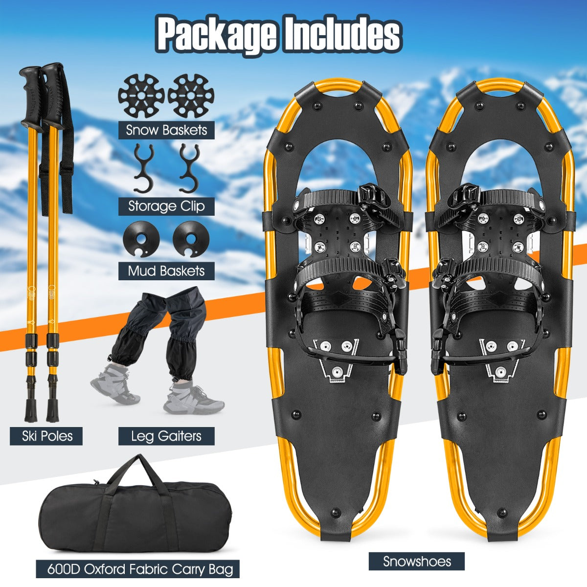 LIVSK Sneeuwschoenen Set - Robuust Aluminium - Lichtgewicht - Verstelbare Trekkingstokken - Tot -40℃ - Goud