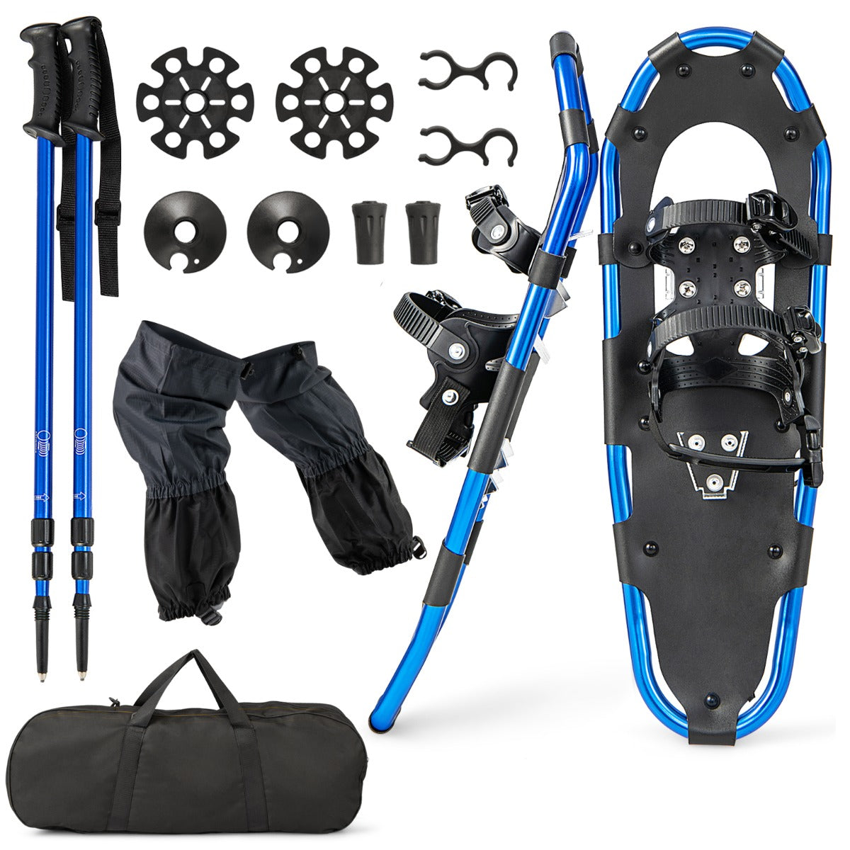 LIVSK Sneeuwschoenen Set - Lichtgewicht Aluminium - Verstelbare Ratels - Tot -40℃ - Inclusief Trekkingstokken - Marineblauw