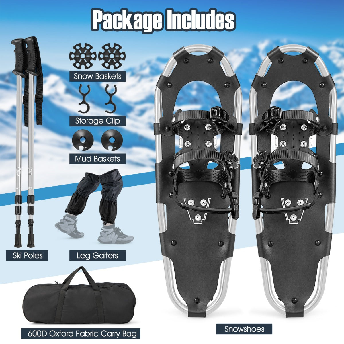 LIVSK Sneeuwschoenen Set - Lichtgewicht Aluminium - Tot -40℃ - Verstelbare Trekkingstokken - Inclusief Draagtas - Zilver