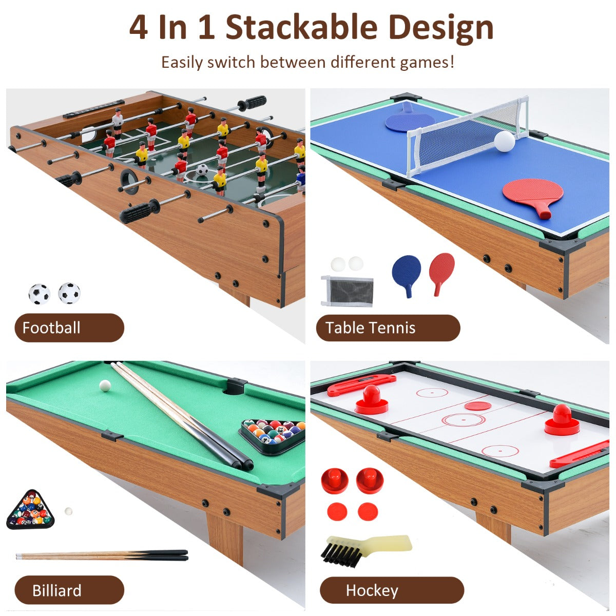 LIVSK 4-in-1 Speltafel - Tafelvoetbal, Biljart, Tafeltennis, Hockey - Inclusief Accessoires - Compact - Natuurlijk