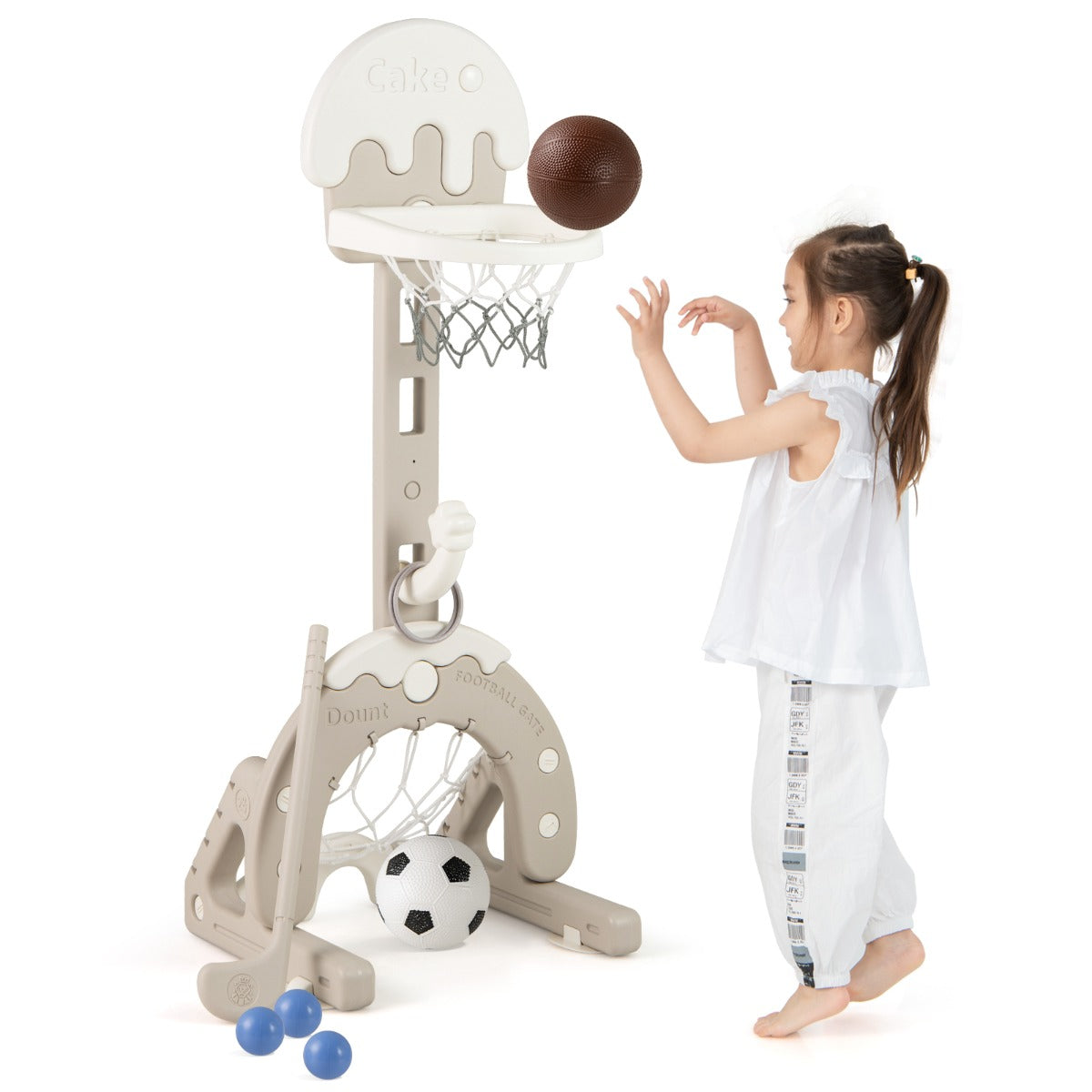 LIVSK 4-in-1 Activiteitencentrum voor Kinderen - Basketbal, Voetbal, Golf en Ringwerpen - Verstelbare Hoogte 50-100 cm - Grijs