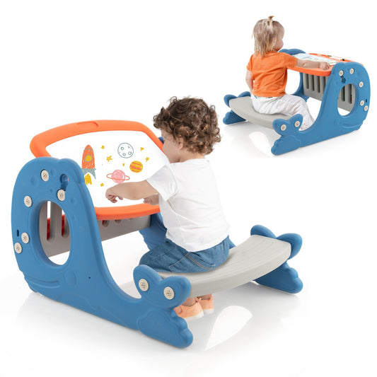 LIVSK Walvisvormige Kinderkunsttafel met Bankje - 4-in-1 Multifunctioneel - Dubbelzijdig Blad - Veilig en Creatief - Blauw +