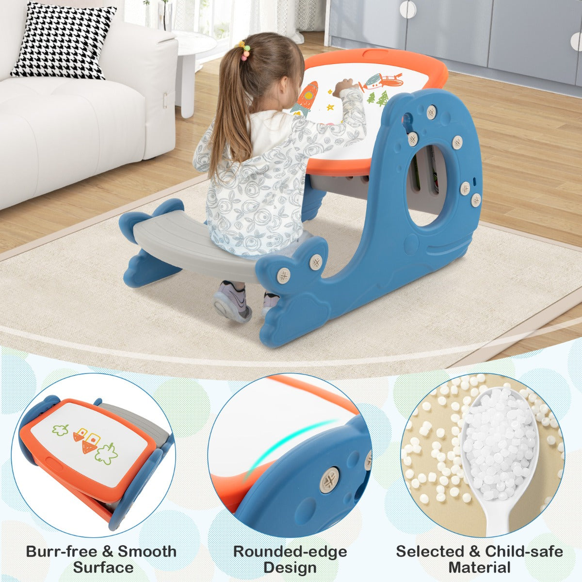 LIVSK Walvisvormige Kinderkunsttafel met Bankje - 4-in-1 Multifunctioneel - Dubbelzijdig Blad - Veilig en Creatief - Blauw +