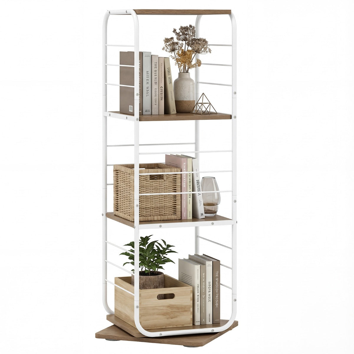 Livsk costway 4 laags draaibare boekenkast 360 draaibare boekentoren met metalen frame staande opbergkast voor kantoor en woonkamer naturel