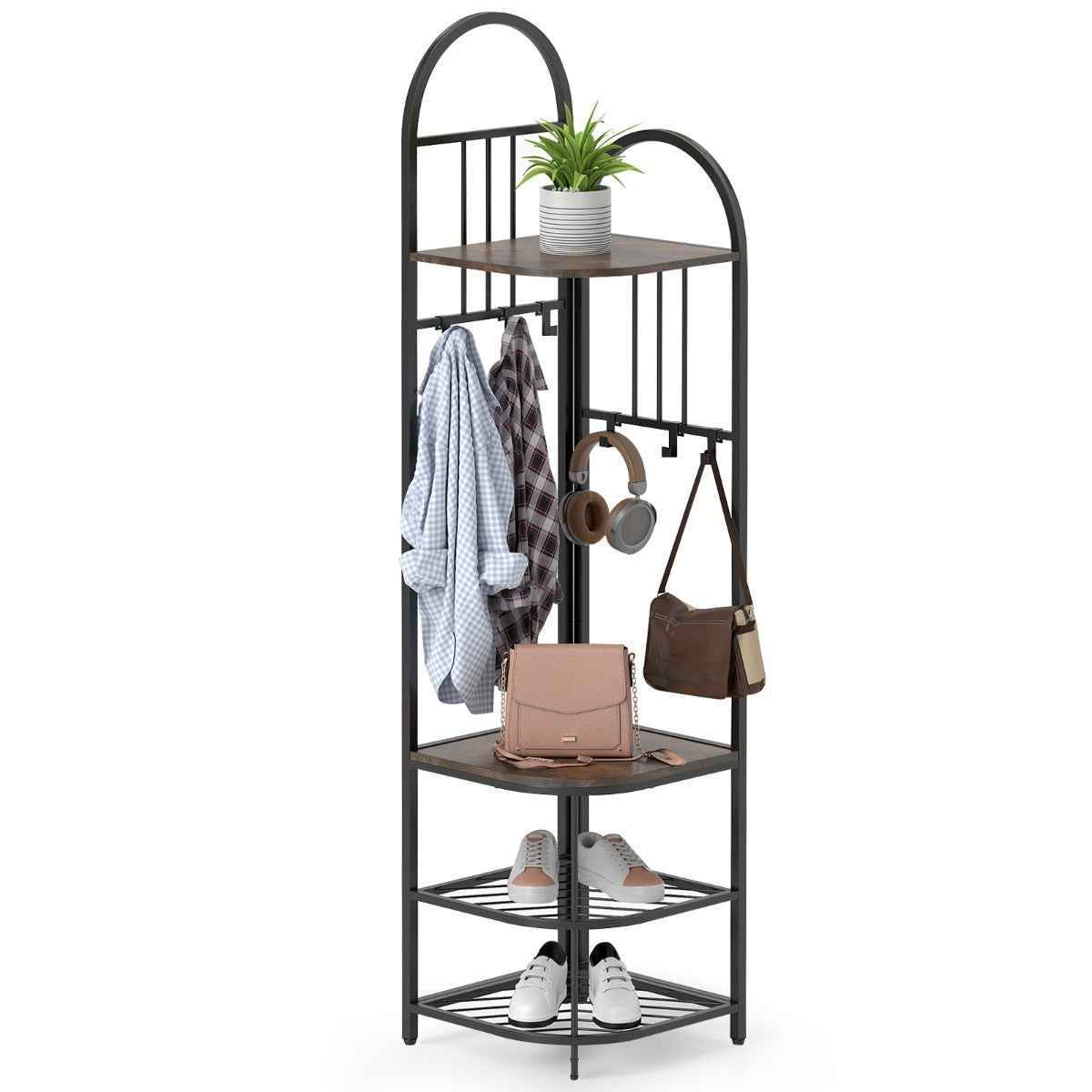 LIVSK 4-Laags Hoekkapstok met Schoenenrek - 6 Verwijderbare Haken - Stevig Metalen Frame - Verstelbare Voetjes - 180 cm - Bruin