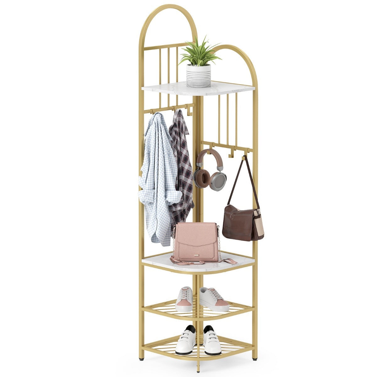 LIVSK Hoekkapstok met Schoenenrek - 6 Verwijderbare Haken - Stevig Metalen Frame - 42 x 42 x 180 cm - Rustiek bruin & zwart