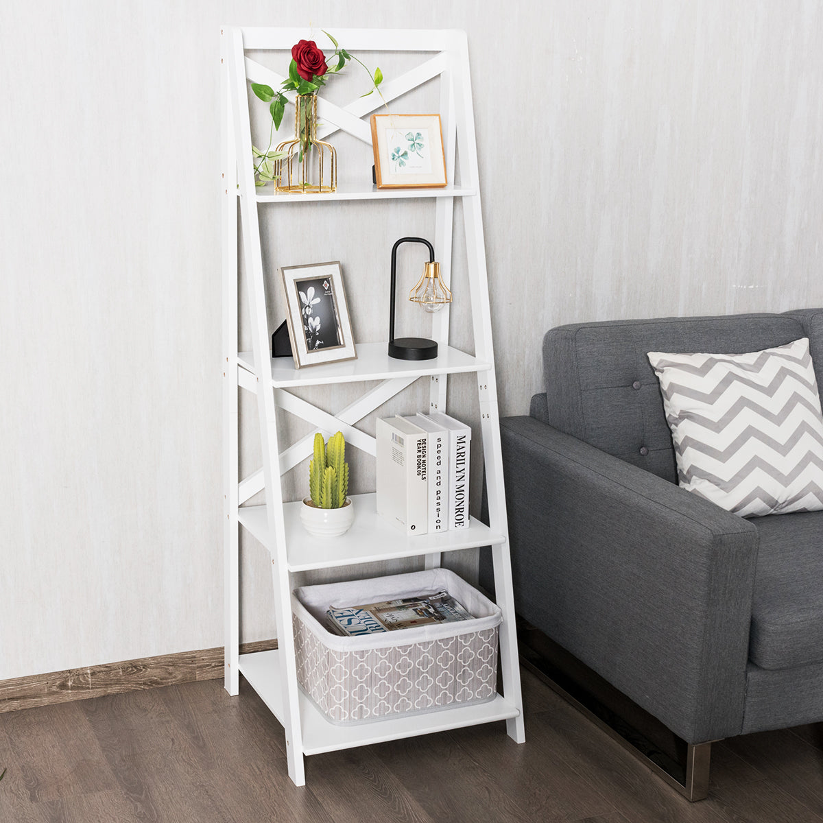 LIVSK A-vormige boekenkast - 4 Planken - Multifunctioneel Displayrek - Milieuvriendelijk MDF - 5kg per plank - Wit