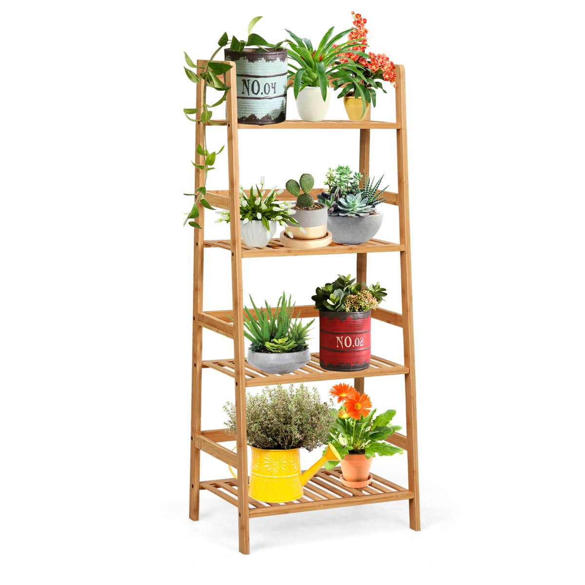 LIVSK Vrijstaande 4-laags Bamboe Ladderplank - Efficiënte Opslag met Hekken - Tot 10 kg per Laag - 48 x 32 x 114 cm - Naturel