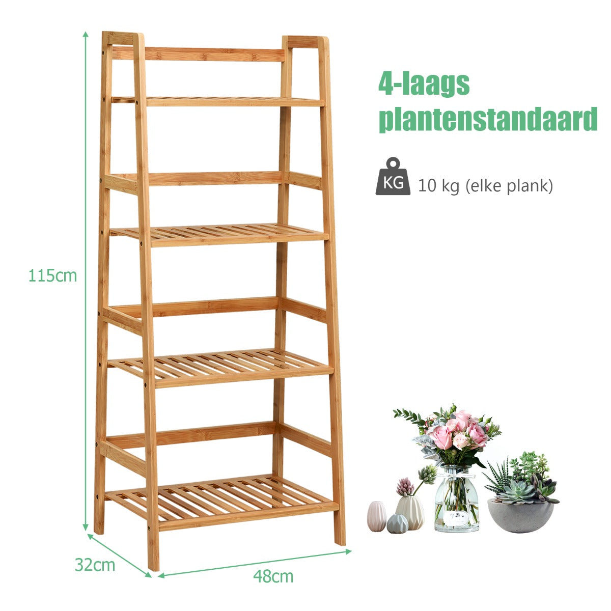 LIVSK Vrijstaande 4-laags Bamboe Ladderplank - Efficiënte Opslag met Hekken - Tot 10 kg per Laag - 48 x 32 x 114 cm - Naturel