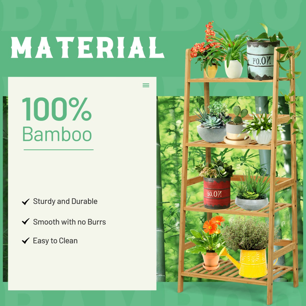 LIVSK Vrijstaande 4-laags Bamboe Ladderplank - Efficiënte Opslag met Hekken - Tot 10 kg per Laag - 48 x 32 x 114 cm - Naturel