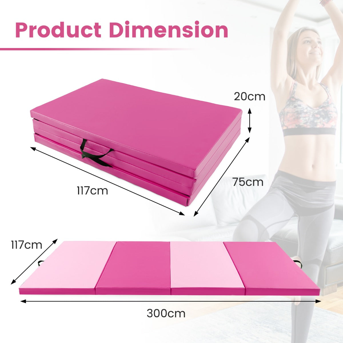 LIVSK Opvouwbare Yogamat - 5 cm EPE-schuim - Handgrepen - Klittenbandsluitingen - Gemakkelijk schoon te maken - Roze
