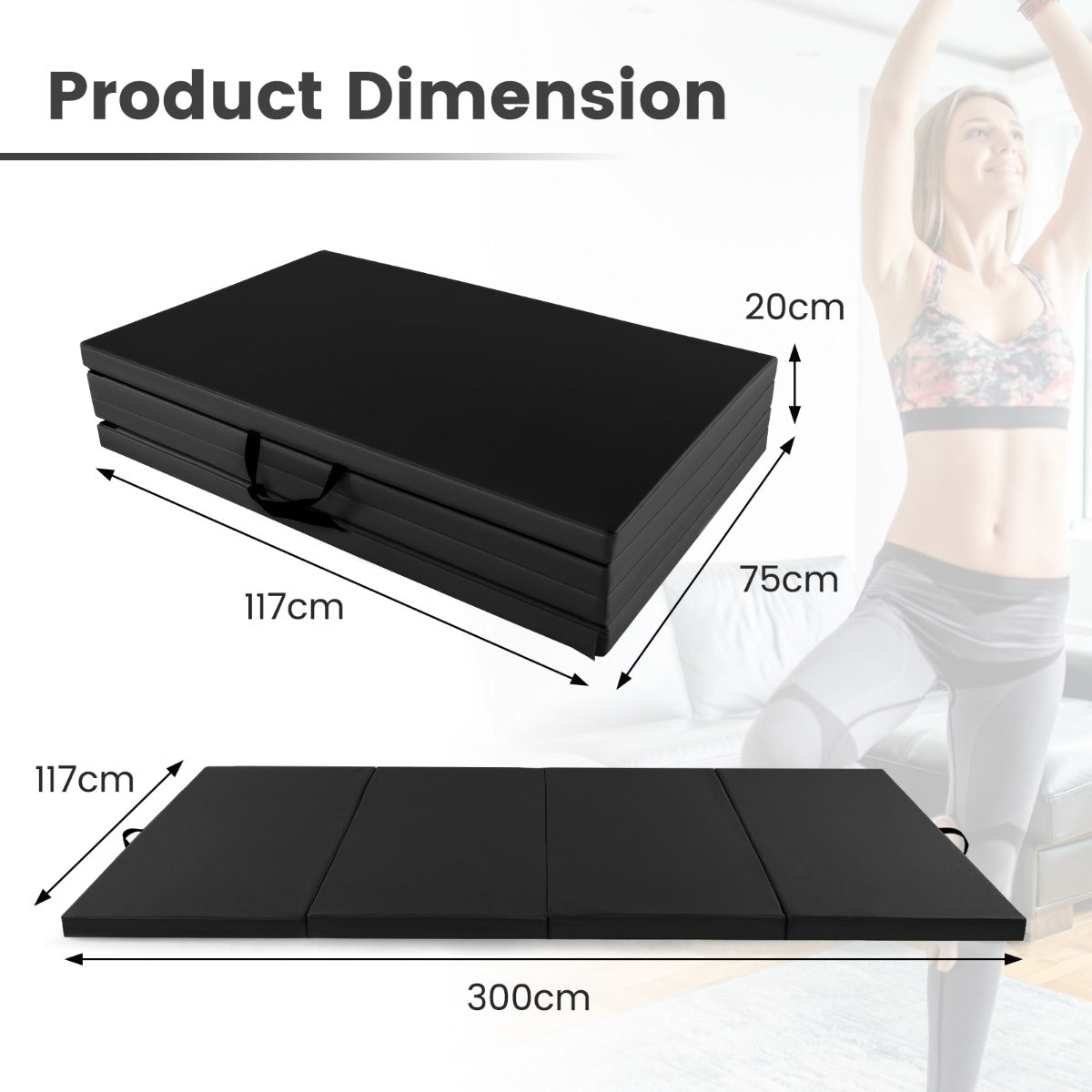 LIVSK Opvouwbare Fitnessmat - 5 cm EPE-schuim - Duurzame PU-leren Hoes - Handgrepen - Klittenbandsluitingen - Zwart