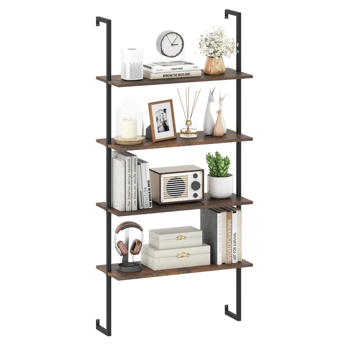Livsk costway 4 laags wandrek modern zwevend opbergrek met metalen frame wandgemonteerde houten ladderboekenkast 1 1