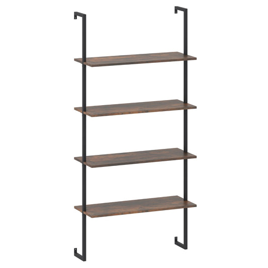 Livsk costway 4 laags wandrek modern zwevend opbergrek met metalen frame wandgemonteerde houten ladderboekenkast