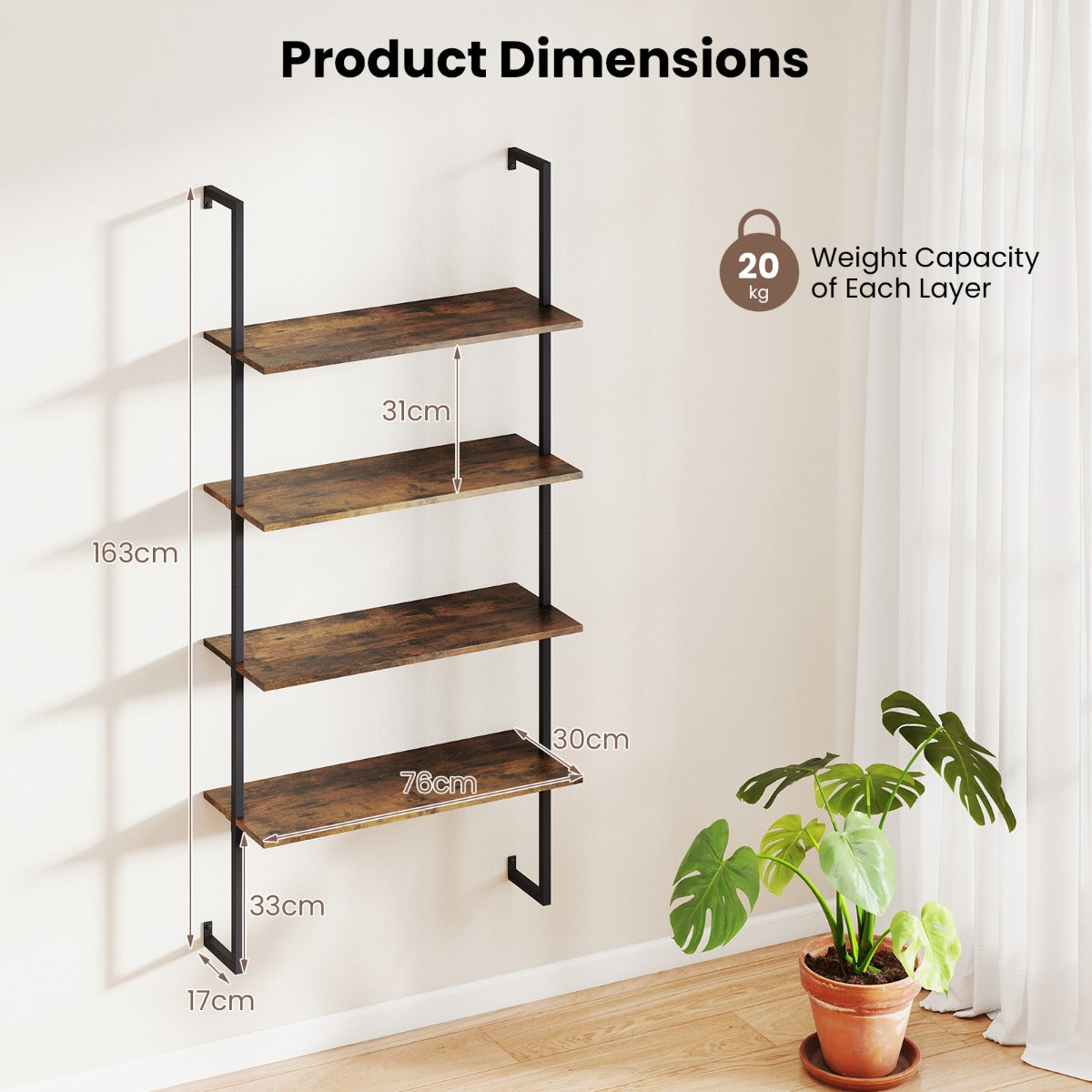 Livsk costway 4 laags wandrek modern zwevend opbergrek met metalen frame wandgemonteerde houten ladderboekenkast 2