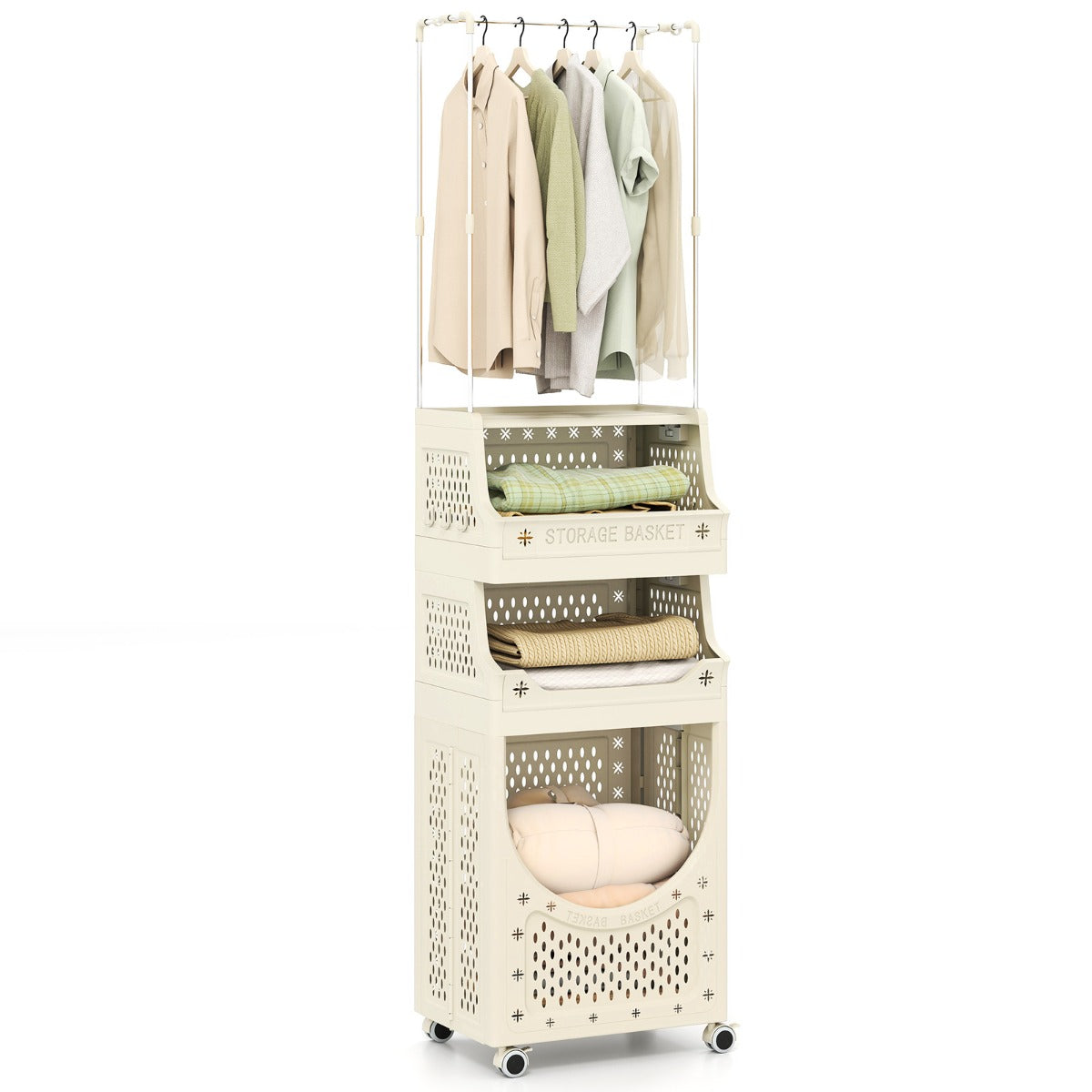 Livsk costway 4 laags waskar met kledingrek opvouwbare wasmand met vergrendelbare wielen 2 manden en 8 haken