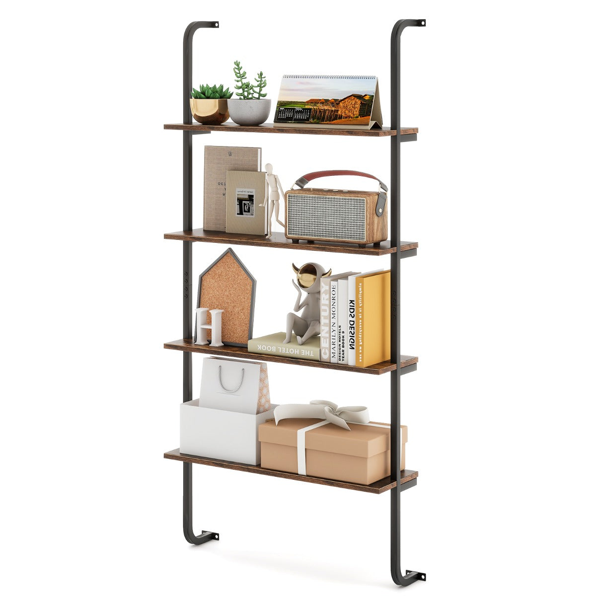 LIVSK 4-laags Industrieel Wandrek - Ruimtebesparend Metalen Frame - Tot 20 kg Per Plank - Voor Boeken en Decoraties - Rustiek
