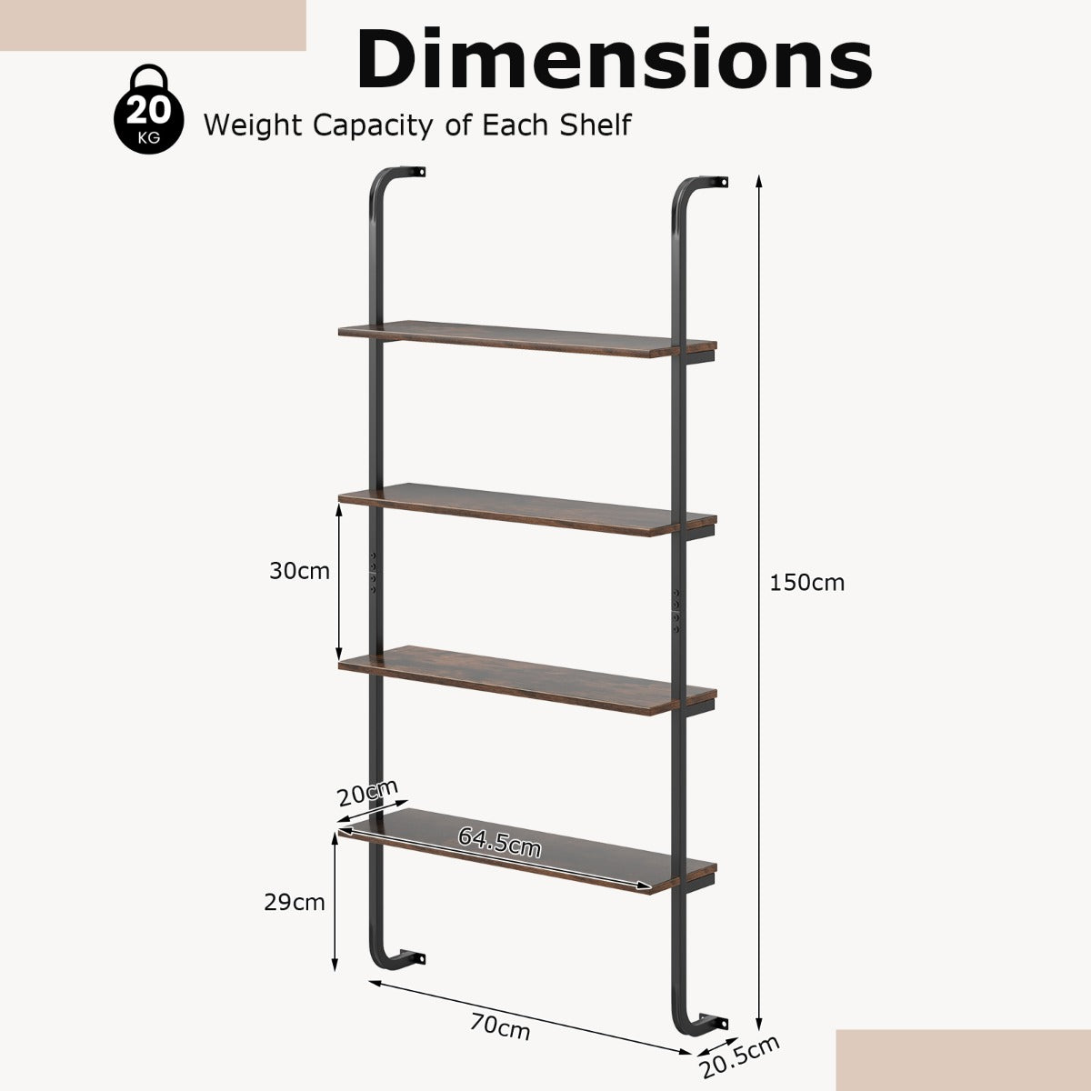 LIVSK 4-laags Industrieel Wandrek - Ruimtebesparend Metalen Frame - Tot 20 kg Per Plank - Voor Boeken en Decoraties - Rustiek