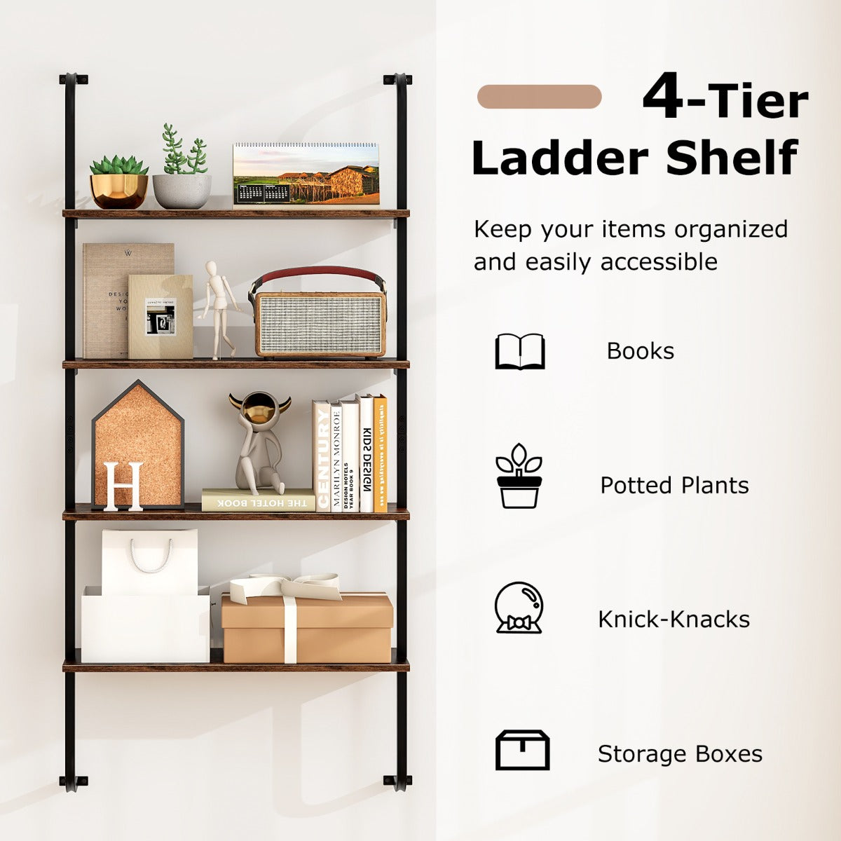 LIVSK 4-laags Industrieel Wandrek - Ruimtebesparend Metalen Frame - Tot 20 kg Per Plank - Voor Boeken en Decoraties - Rustiek