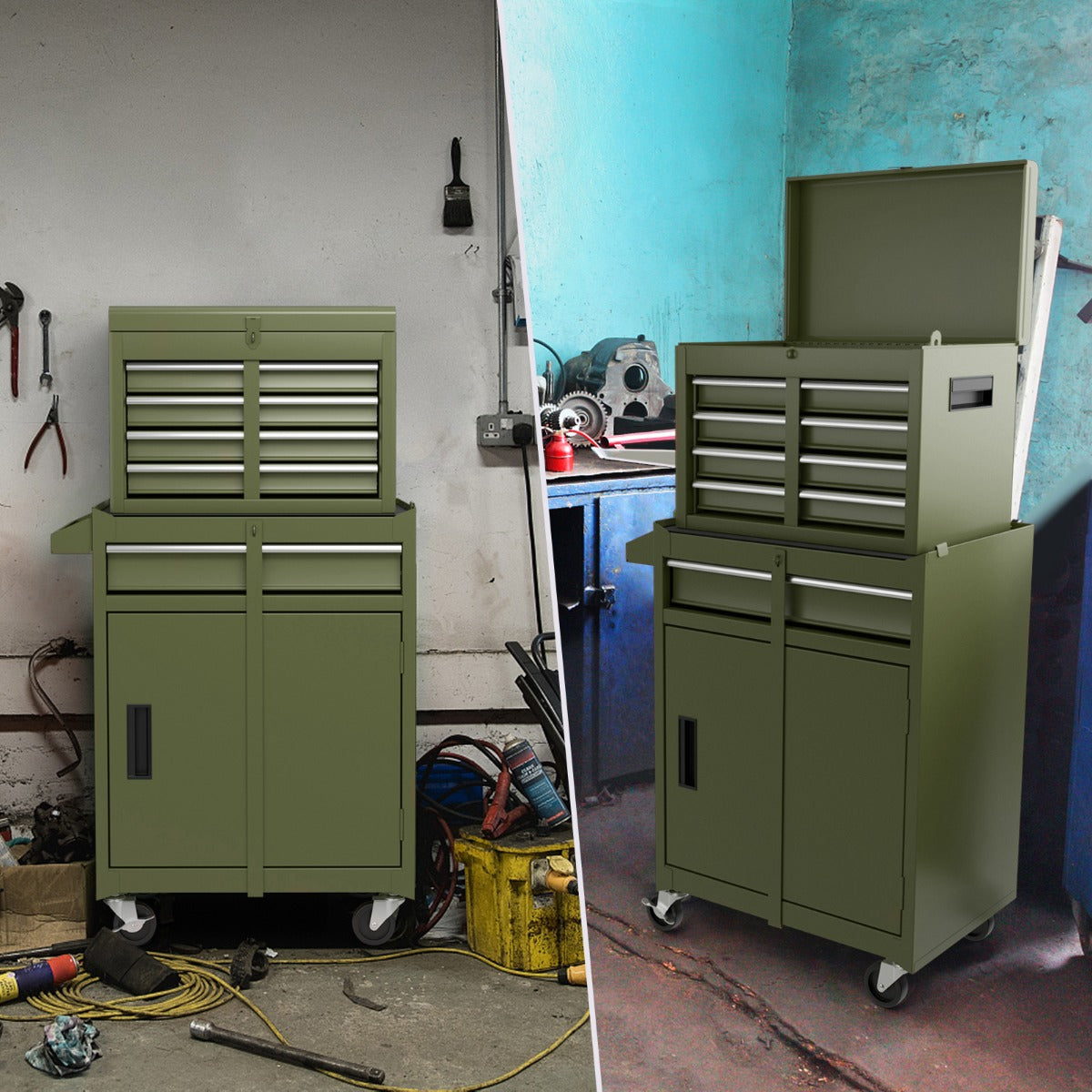LIVSK Gereedschapskist met Wielen - 4 Laden en Verstelbare Plank - Afneembaar Ontwerp - Voor Garage en Werkplaats - Geel / Groen