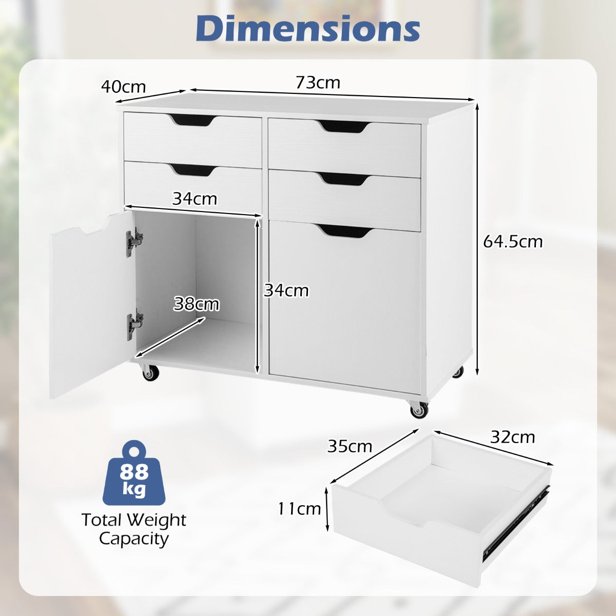 LIVSK Opbergkast op Wielen - 4 Lades en 2 Compartimenten - Stevige Constructie tot 85 kg - Modern Design - Wit