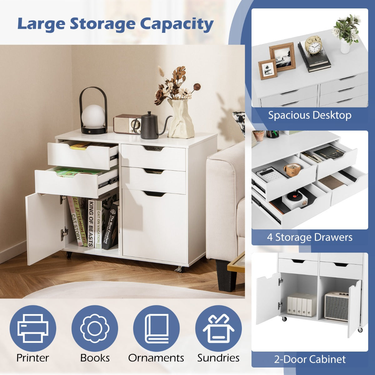 LIVSK Opbergkast op Wielen - 4 Lades en 2 Compartimenten - Stevige Constructie tot 85 kg - Modern Design - Wit