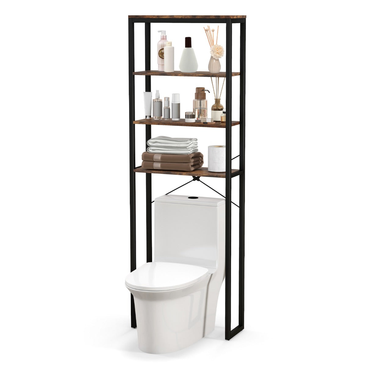LIVSK Vrijstaand Opbergrek voor Boven het Toilet - 4 Niveaus - Duurzaam Hout en Metaal - Muurbevestiging - Zwart + Rustiek bruin