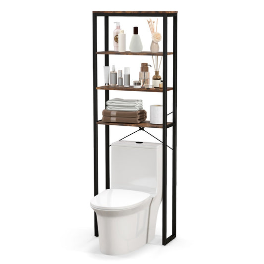 LIVSK Vrijstaand Opbergrek voor Boven het Toilet - 4 Niveaus - Duurzaam Hout en Metaal - Muurbevestiging - Zwart + Rustiek bruin