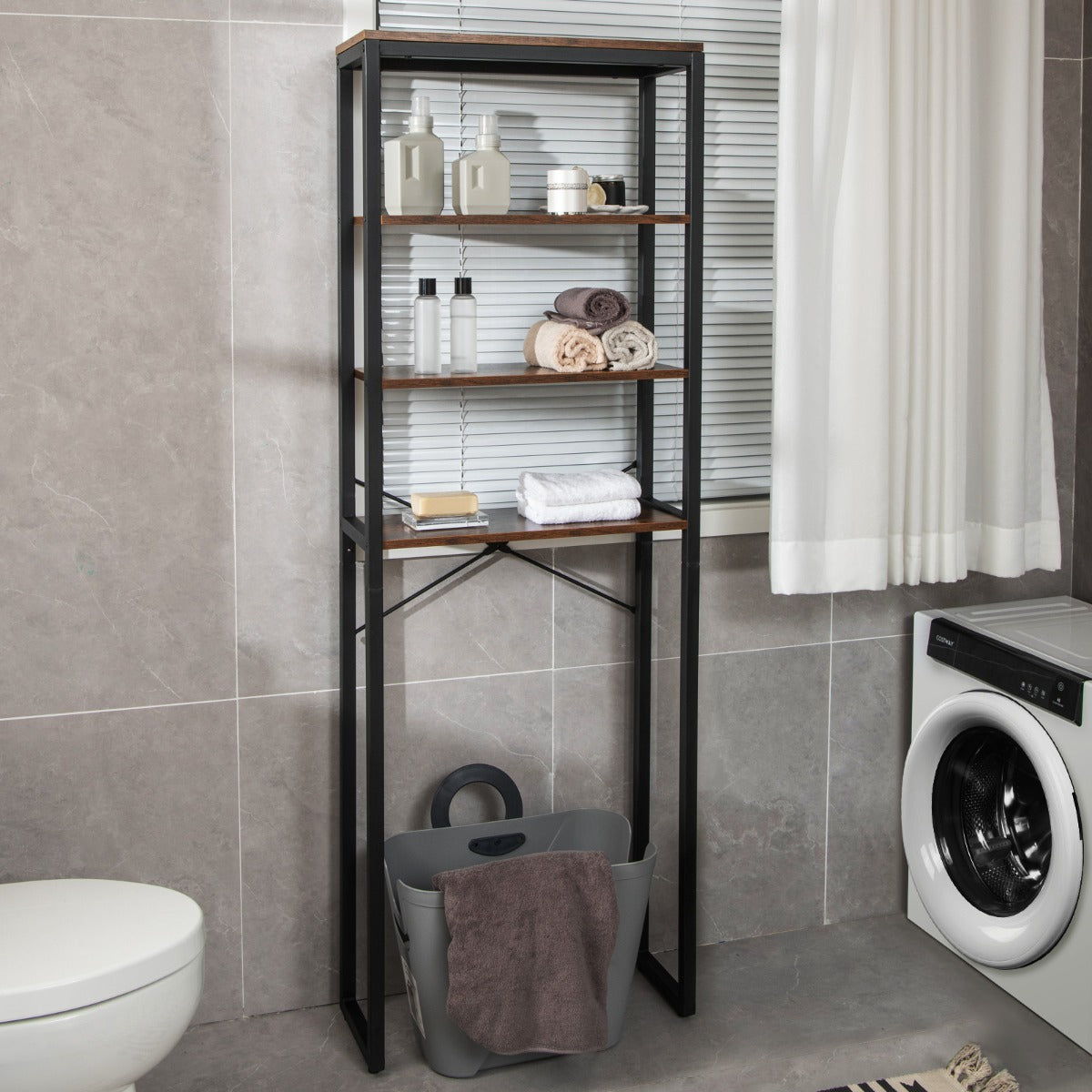 LIVSK Vrijstaand Opbergrek voor Boven het Toilet - 4 Niveaus - Duurzaam Hout en Metaal - Muurbevestiging - Zwart + Rustiek bruin