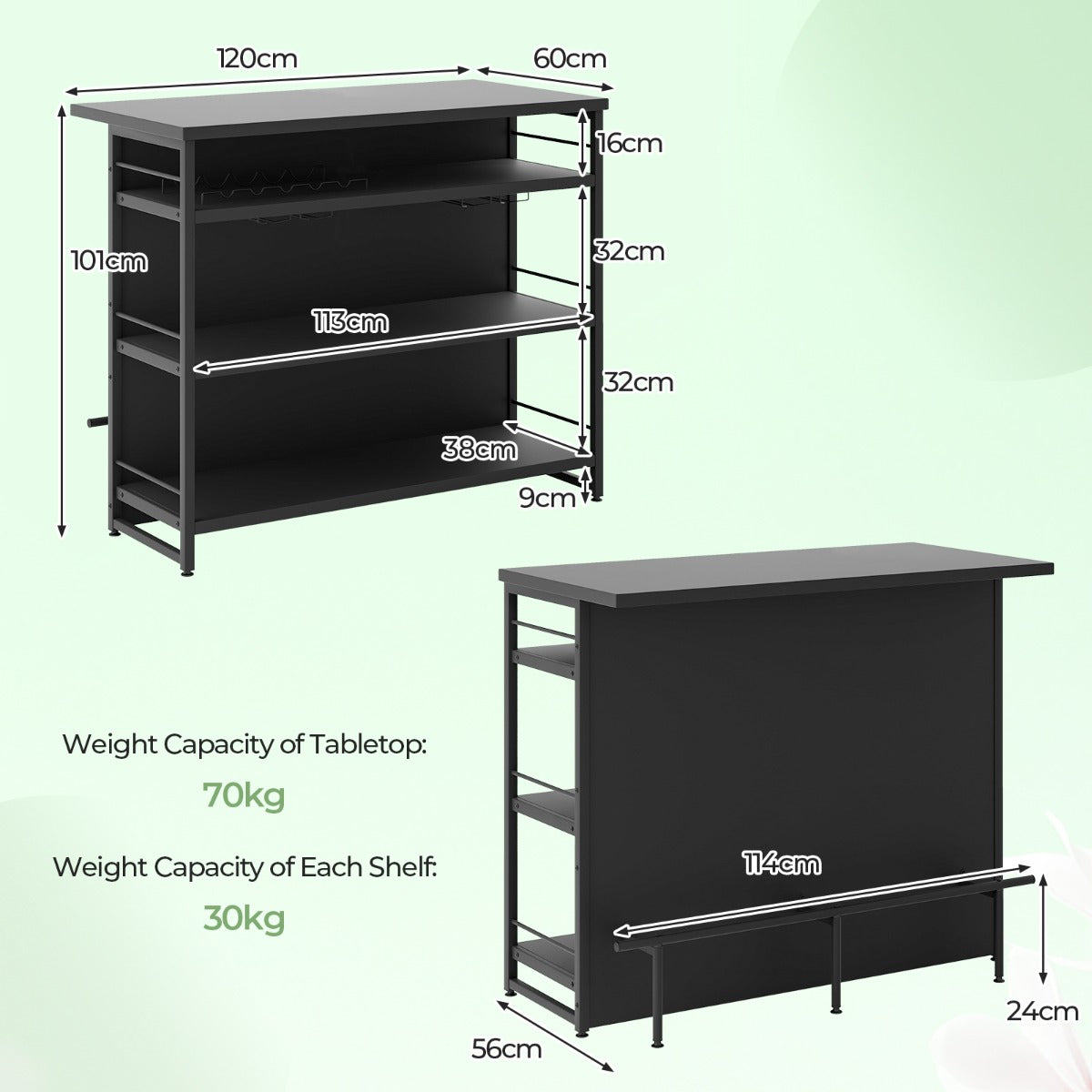 LIVSK Huisbar met Wijnrek en Wijnglashouders - 4 Open Planken - Eenvoudige Montage - 120 x 60 x 101 cm - Zwart