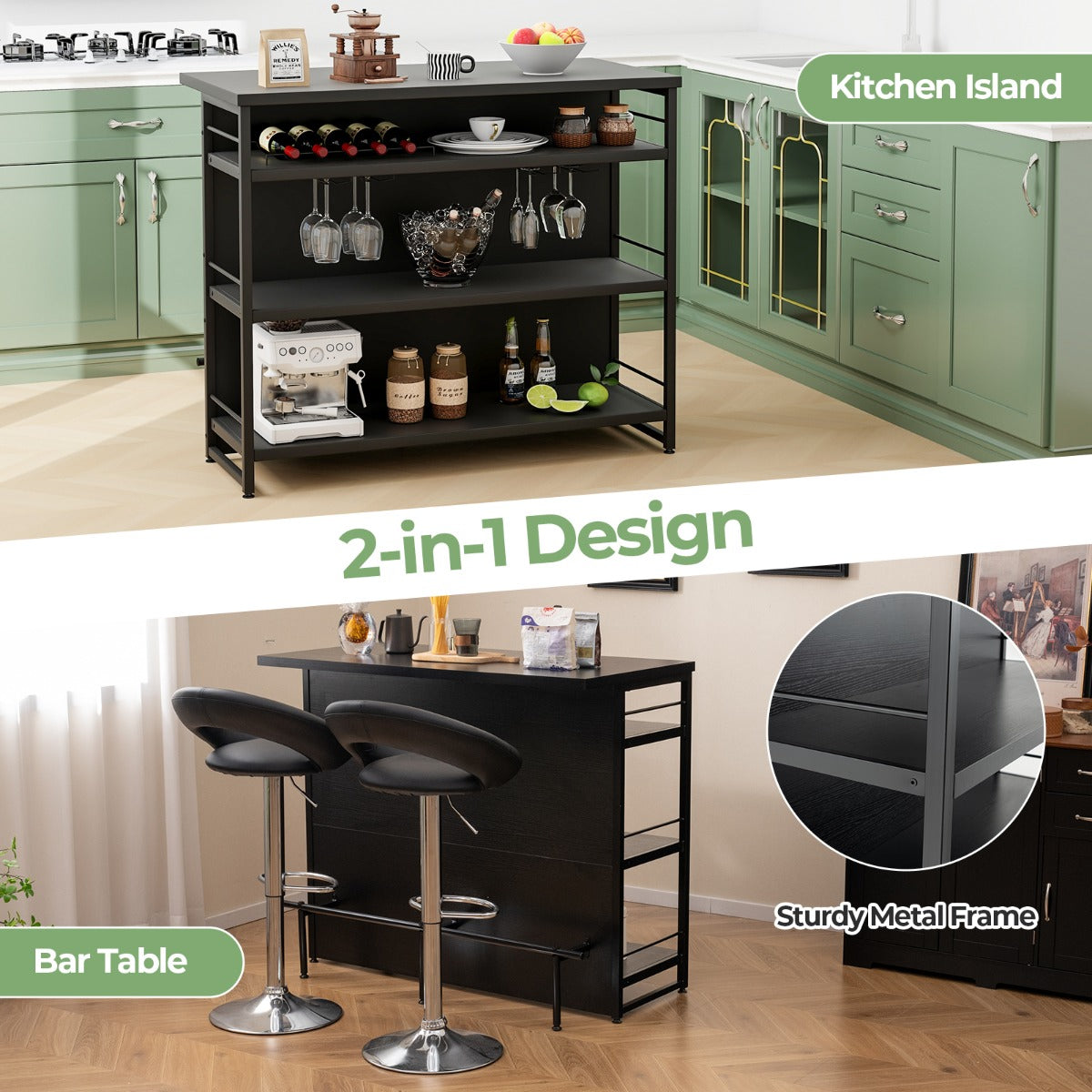 LIVSK Huisbar met Wijnrek en Wijnglashouders - 4 Open Planken - Eenvoudige Montage - 120 x 60 x 101 cm - Zwart