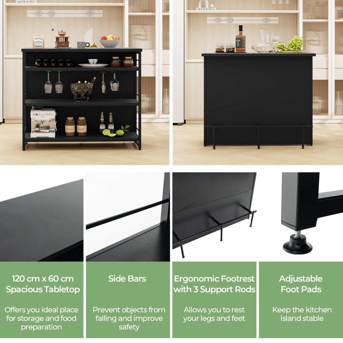 LIVSK Huisbar met Wijnrek en Wijnglashouders - 4 Open Planken - Eenvoudige Montage - 120 x 60 x 101 cm - Zwart