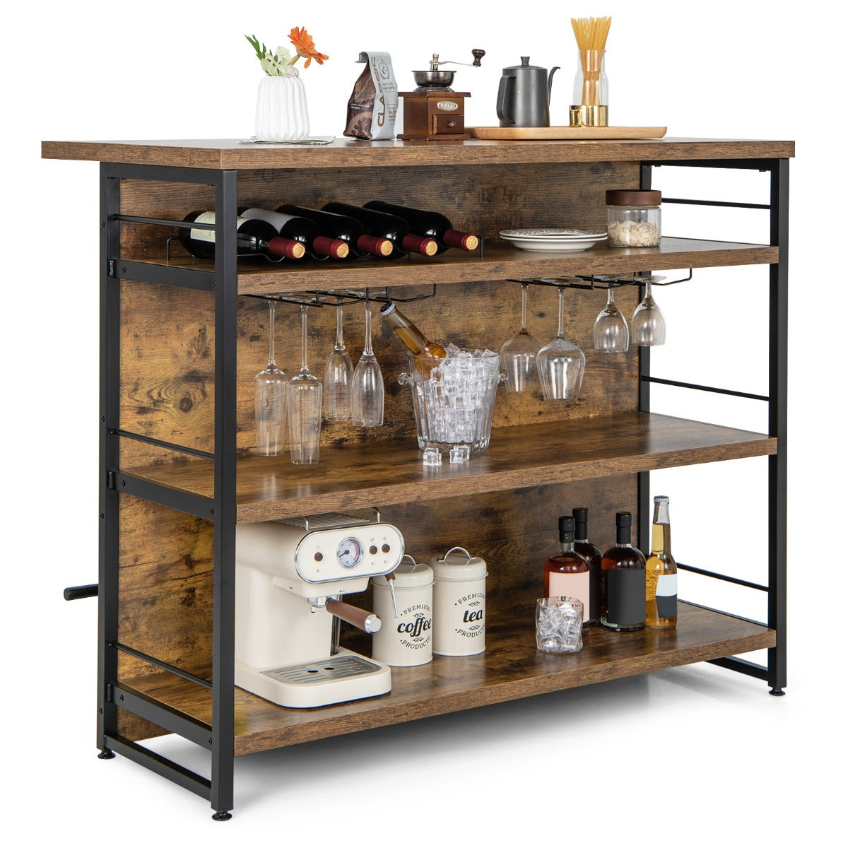 LIVSK Industriële Wijnbar met Wijnglashouder - 4 Niveaus - Stijlvol Zwart Frame - Ruim Barblad 120 x 60 cm - Rustiek Bruin