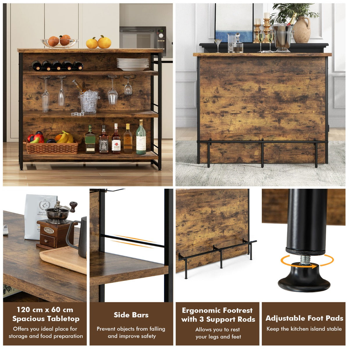 LIVSK Industriële Wijnbar met Wijnglashouder - 4 Niveaus - Stijlvol Zwart Frame - Ruim Barblad 120 x 60 cm - Rustiek Bruin