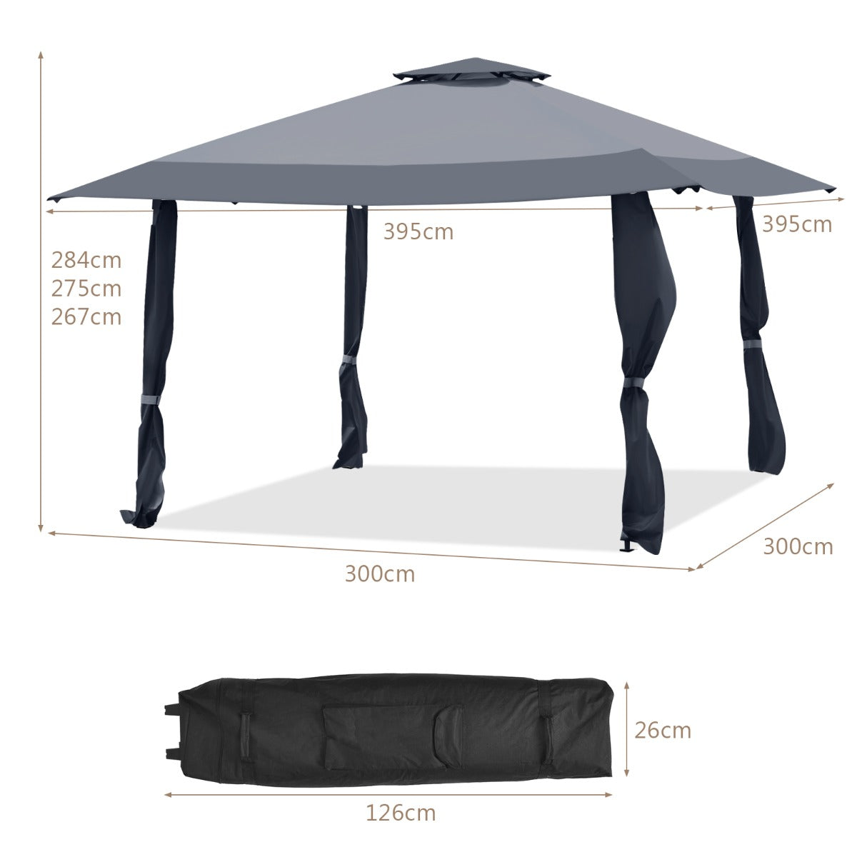 LIVSK Overkappingstent met Dubbel Dak - Oxford Doek - Inklapbaar - 3 Hoogtes - Compact met Opbergtas - 395 x 395 cm - Grijs