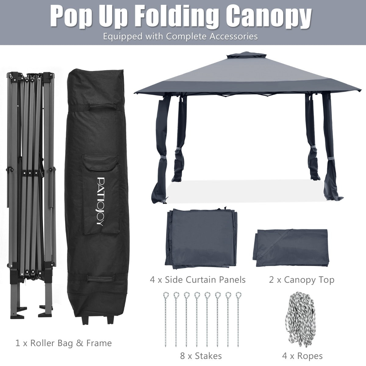 LIVSK Overkappingstent met Dubbel Dak - Oxford Doek - Inklapbaar - 3 Hoogtes - Compact met Opbergtas - 395 x 395 cm - Grijs