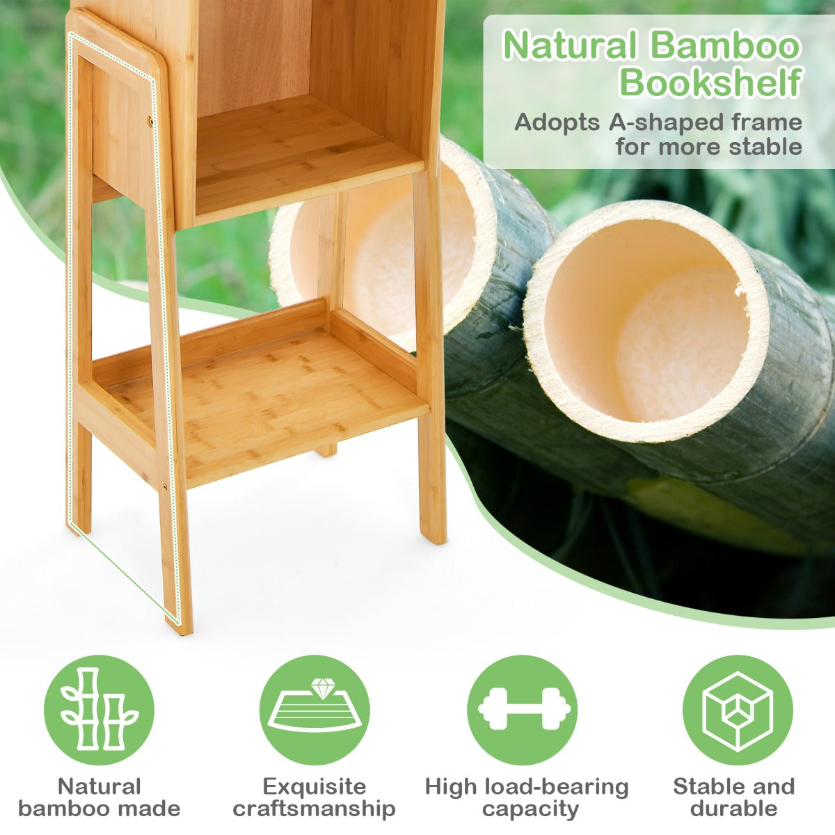 LIVSK Boekenkast van Natuurlijk Bamboe - Stabiel A-frame - Veel Opbergruimte - Eenvoudige Montage - 26,5 x 37 x 113 cm -
