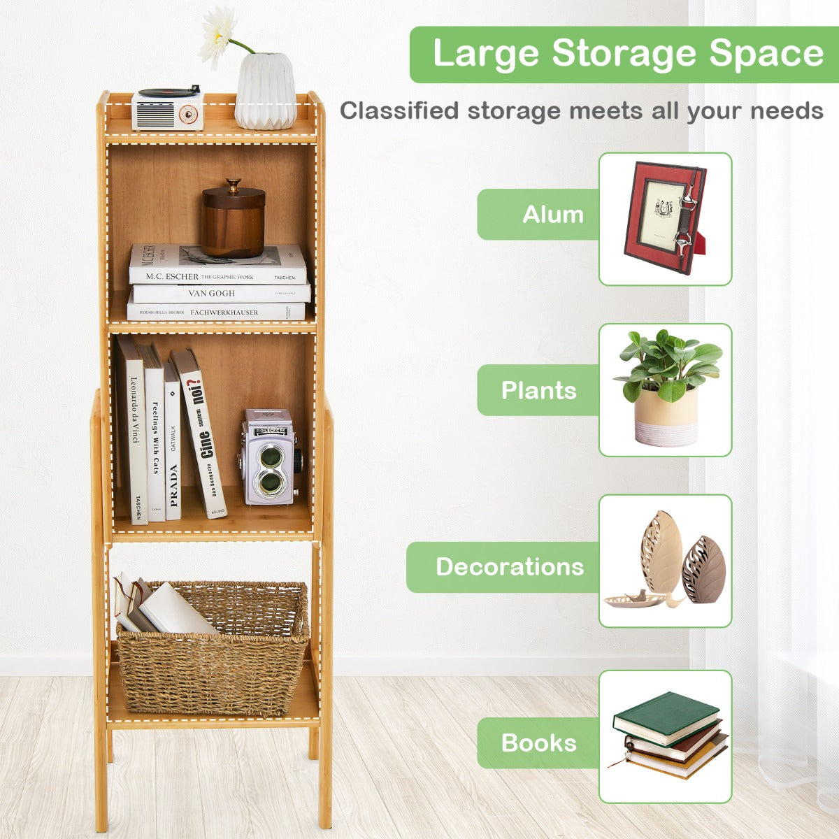 LIVSK Boekenkast van Natuurlijk Bamboe - Stabiel A-frame - Veel Opbergruimte - Eenvoudige Montage - 26,5 x 37 x 113 cm -