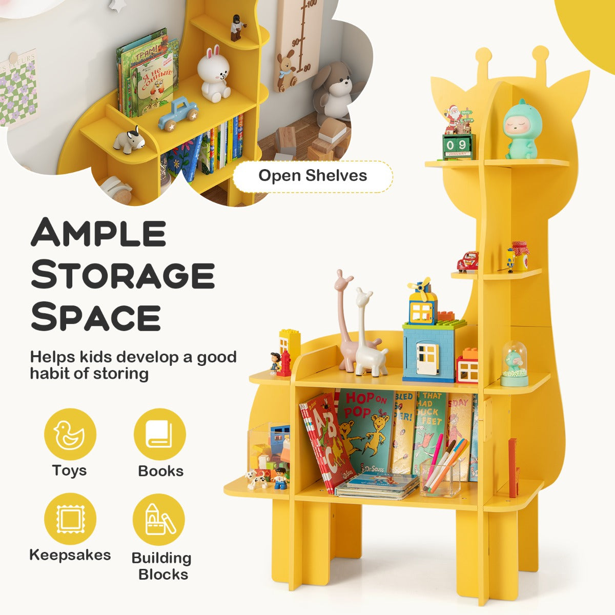 LIVSK Giraffe Boekenplank voor Kinderen - 4 Niveaus met Anti-Kantelbeveiliging - Kindvriendelijke Hoogte - Geel