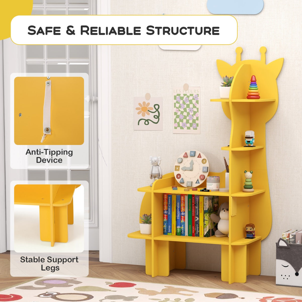 LIVSK Giraffe Boekenplank voor Kinderen - 4 Niveaus met Anti-Kantelbeveiliging - Kindvriendelijke Hoogte - Geel