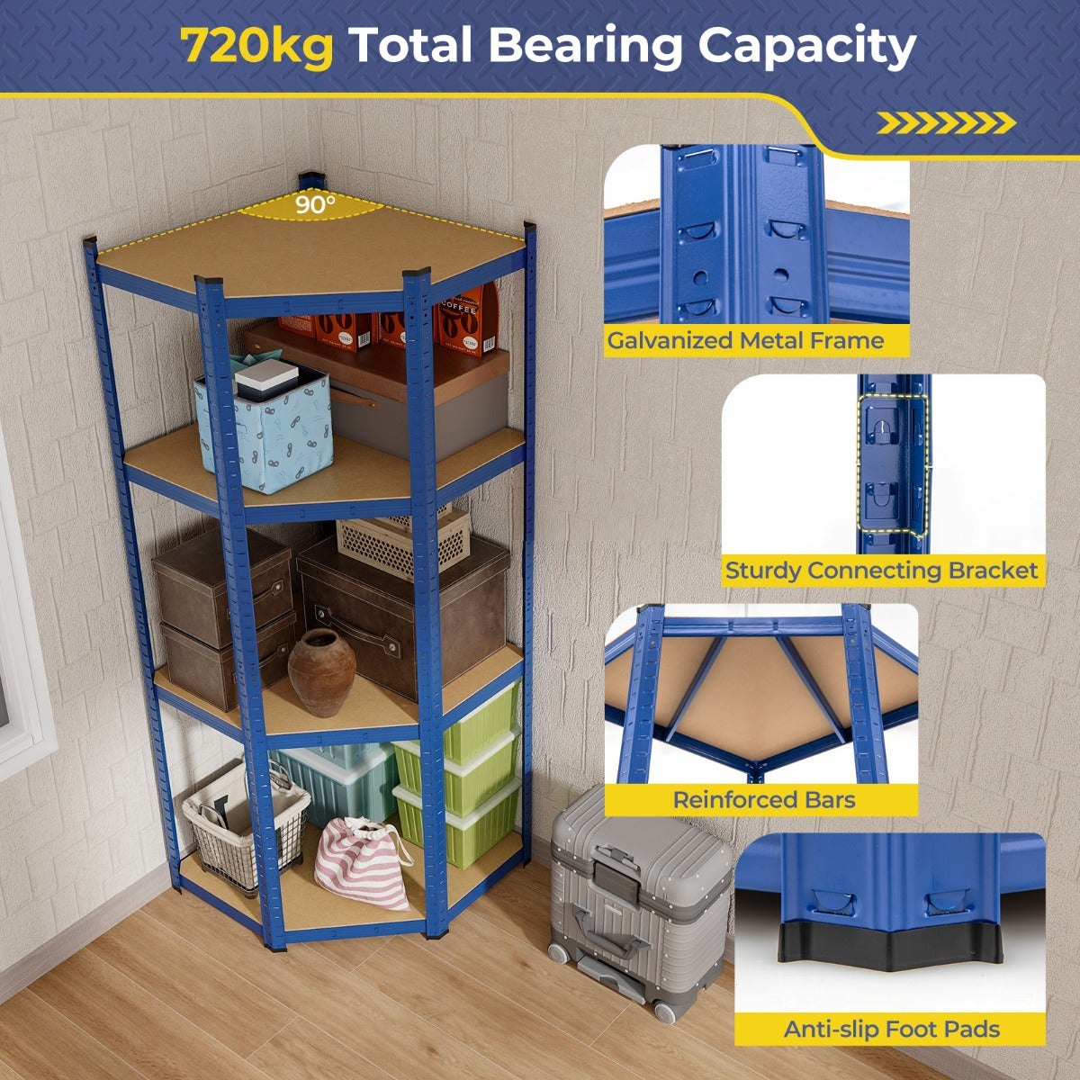 LIVSK Hoekplank met 4 Niveaus - Verstelbaar - Tot 720 kg Draagvermogen - Ruimtebesparend - Antislip - 100 x 80 x 180 cm - Zwart