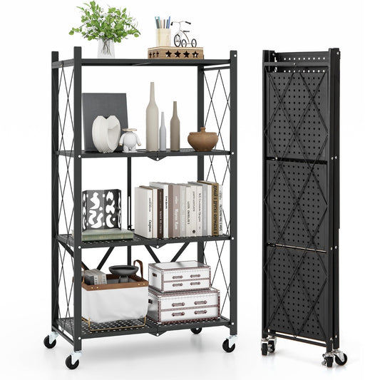 LIVSK Opvouwbare Opbergplank - Stevig Metalen Frame - 4 Niveaus - Vergrendelbare Zwenkwielen - Tot 60 kg - Zwart