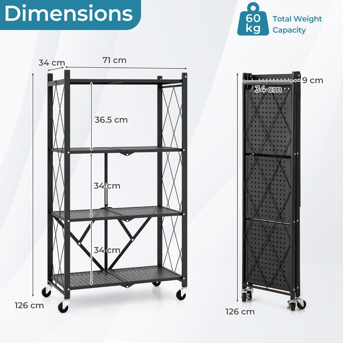 LIVSK Opvouwbare Opbergplank - Stevig Metalen Frame - 4 Niveaus - Vergrendelbare Zwenkwielen - Tot 60 kg - Zwart