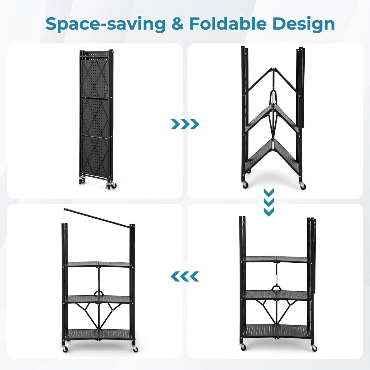 LIVSK Opvouwbare Opbergplank - Stevig Metalen Frame - 4 Niveaus - Vergrendelbare Zwenkwielen - Tot 60 kg - Zwart