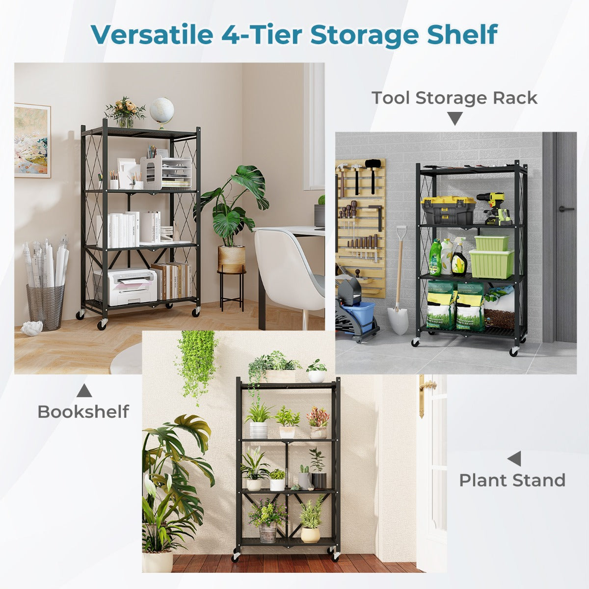 LIVSK Opvouwbare Opbergplank - Stevig Metalen Frame - 4 Niveaus - Vergrendelbare Zwenkwielen - Tot 60 kg - Zwart
