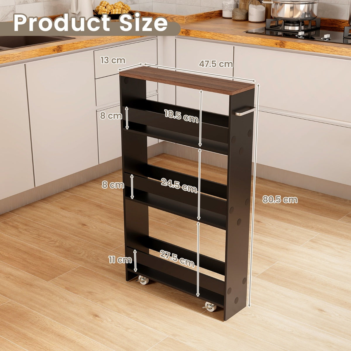 LIVSK Opbergtrolley - 4 Niveaus met Wielen en Handgreep - Compact en Ruimtebesparend - Zwart/Bruin