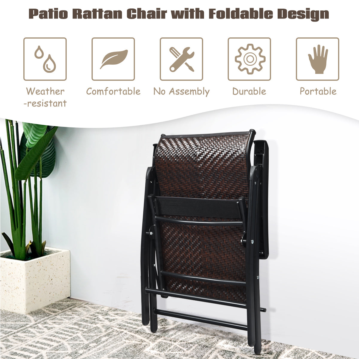 Livsk costway 4 rotan vouwstoelen voor de patio draagbare buiten kampeerstoelen bruin 5